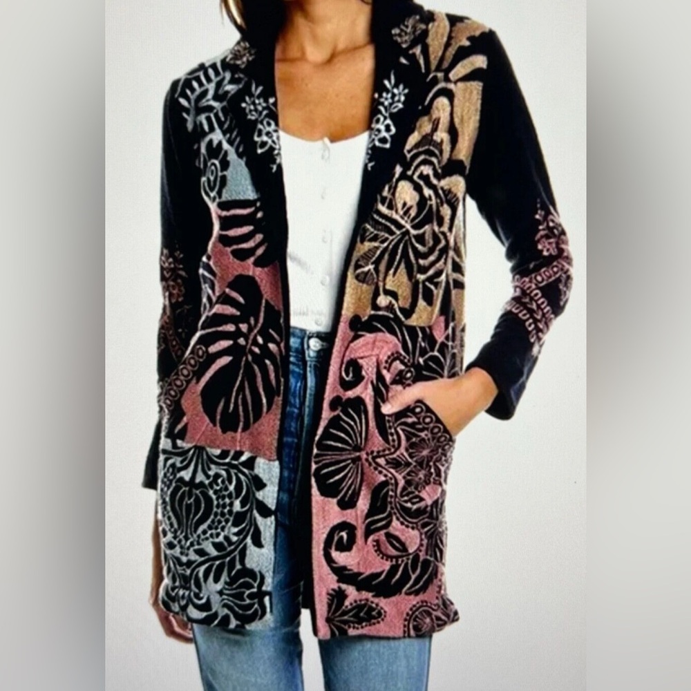 JOHNNY WAS Harlow Sweater Jacket Coat Embroidered Navy Blue Large NWT $550